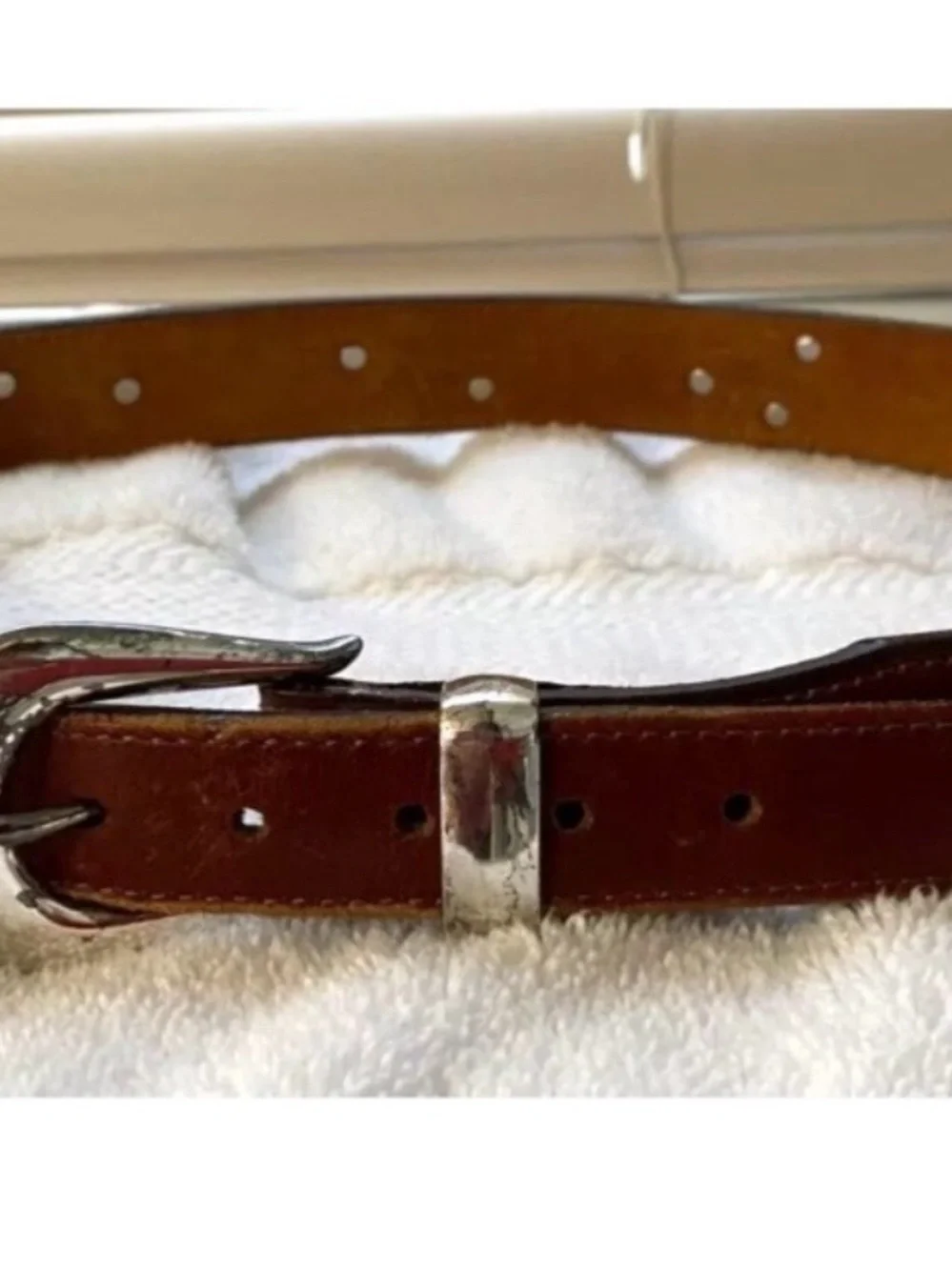 Women's Brown Leather Belt with Polished Silver Buckle
